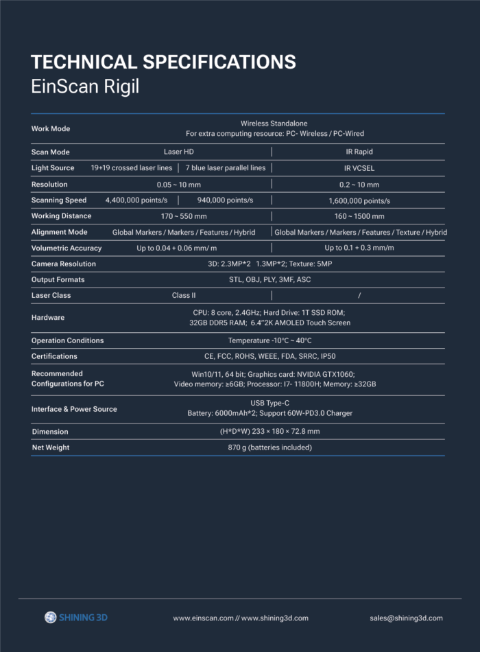 EinScan Rigil Specification Information